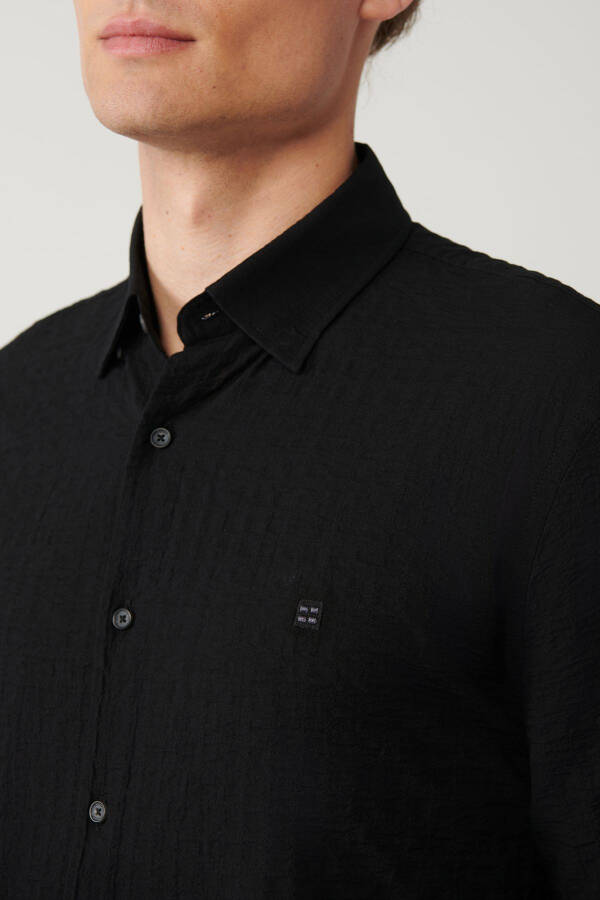 Men's Black Shirt with British Collar Gofre Regular Fit A41y2060 - 2