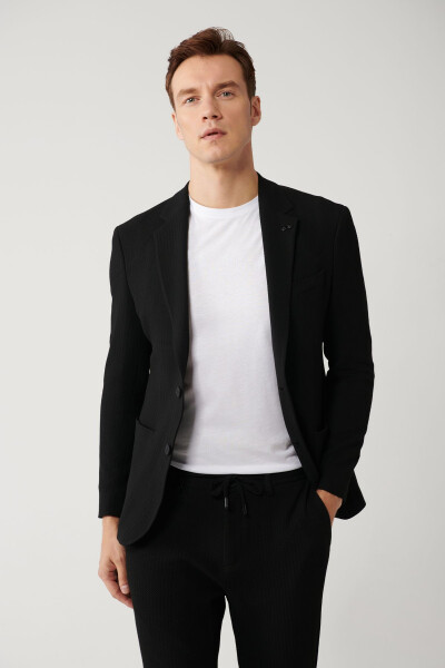 Men's black single-breasted, unlined, bi-stretch fabric slim fit jacket. - 1