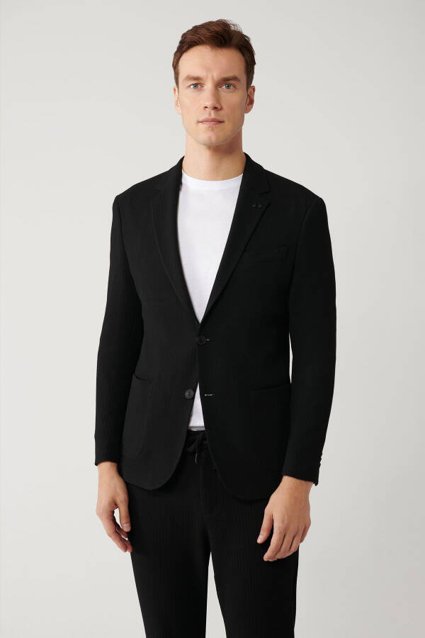 Men's black single-breasted, unlined, bi-stretch fabric slim fit jacket. - 3