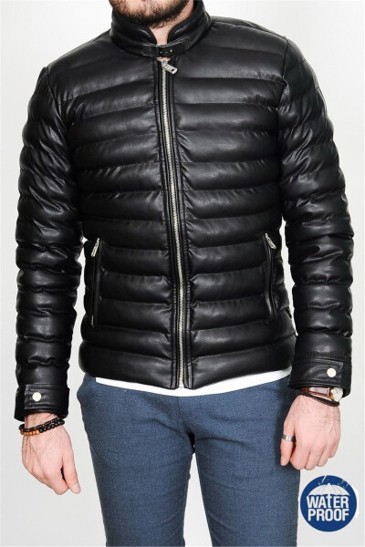 Men's Black Slim Fit Fur-Lined Inner Pocket Puffer Leather Jacket - 2