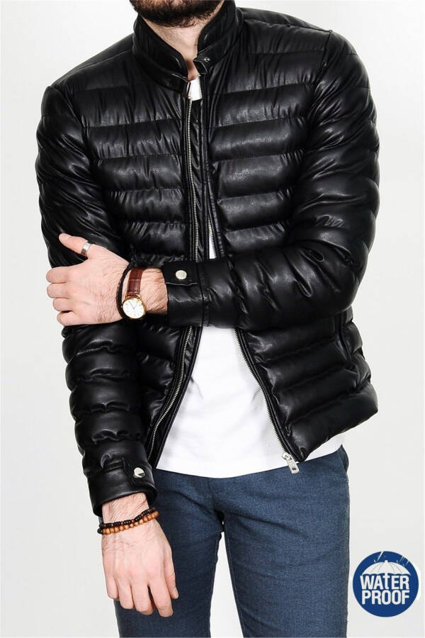 Men's Black Slim Fit Fur-Lined Inner Pocket Puffer Leather Jacket - 4