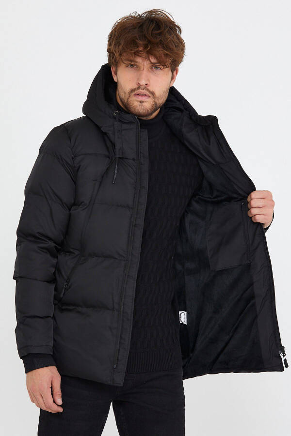 Men's Black Slim Fit Hooded Stand Collar Puffer Coat & Jacket - 9