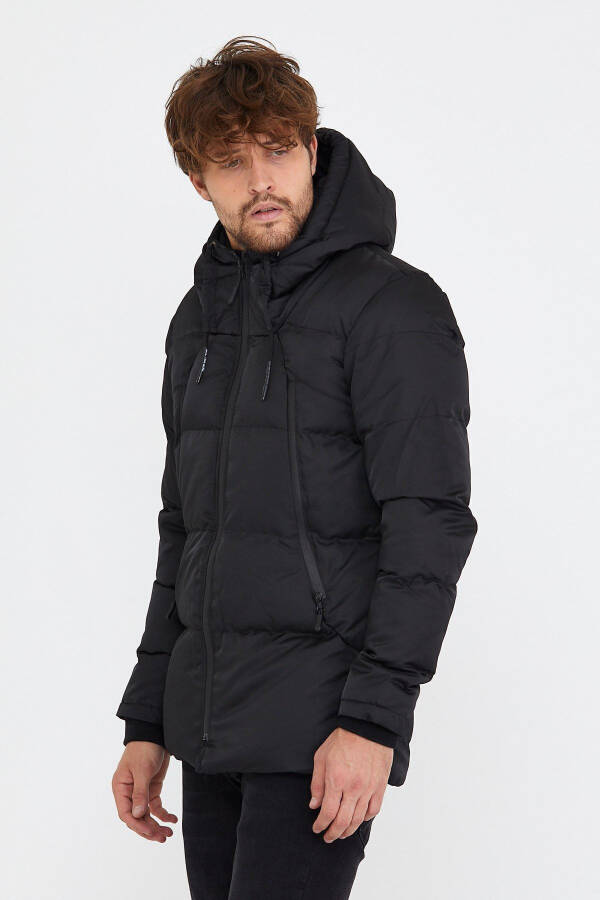 Men's Black Slim Fit Hooded Stand Collar Puffer Coat & Jacket - 12