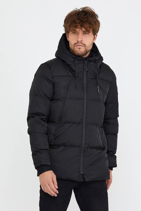 Men's Black Slim Fit Hooded Stand Collar Puffer Coat & Jacket - 13