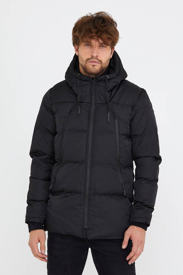 Men's Black Slim Fit Hooded Stand Collar Puffer Coat & Jacket - 2