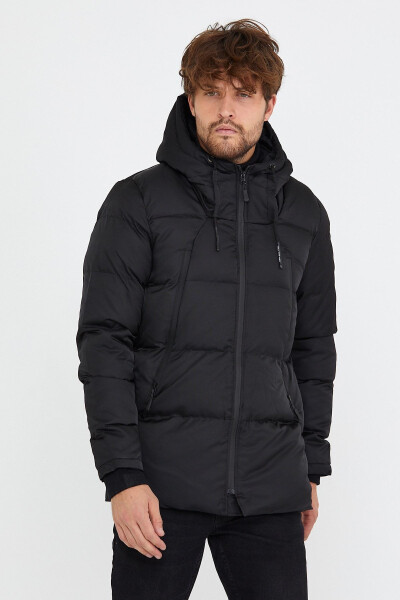 Men's Black Slim Fit Hooded Stand Collar Puffer Coat & Jacket - 5