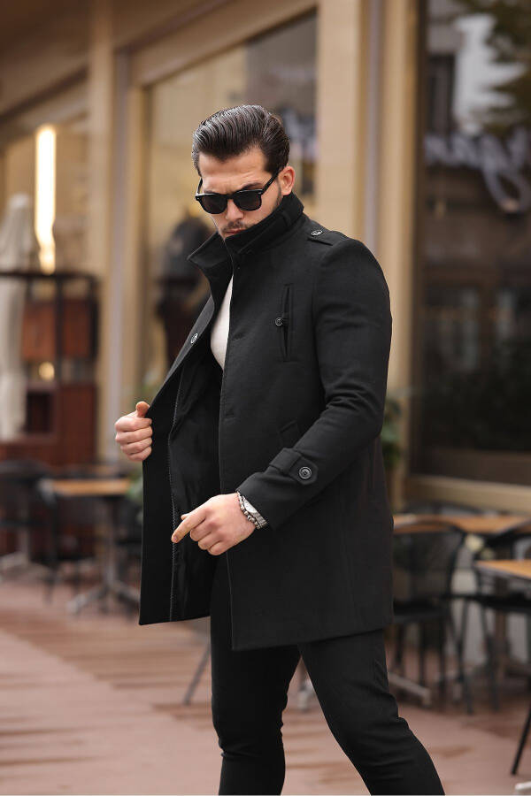 Men's Black Slim Fit Notch Lapel Long Wool Blend Cashmere Coat - 9