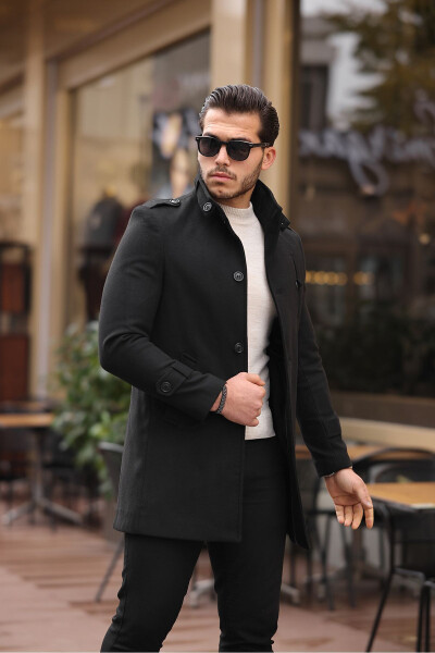 Men's Black Slim Fit Notch Lapel Long Wool Blend Cashmere Coat - 10