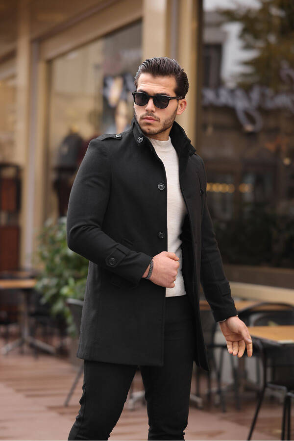 Men's Black Slim Fit Notch Lapel Long Wool Blend Cashmere Coat - 10