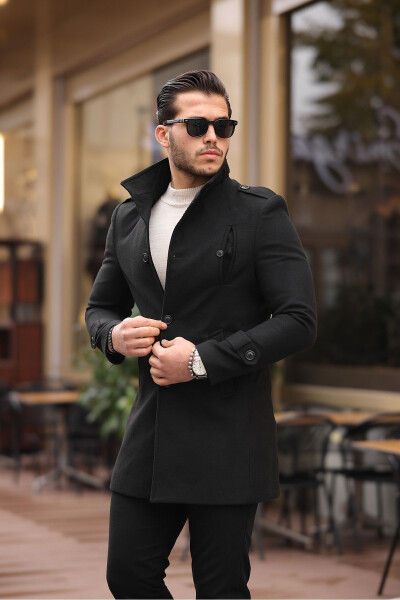 Men's Black Slim Fit Notch Lapel Long Wool Blend Cashmere Coat - 11