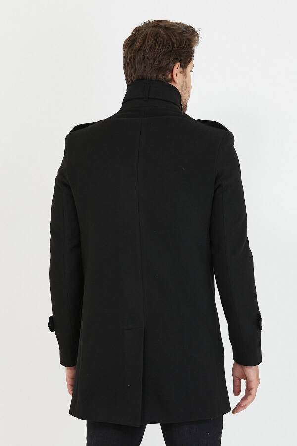 Men's Black Slim Fit Notch Lapel Long Wool Blend Cashmere Coat - 15