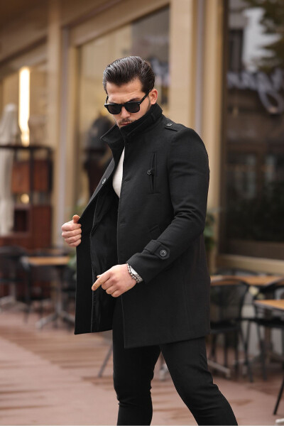 Men's Black Slim Fit Notch Lapel Long Wool Blend Cashmere Coat - 1