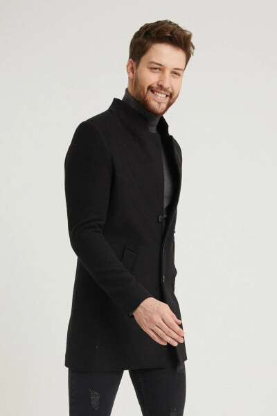 Men's Black Slim Fit Peacoat - 1