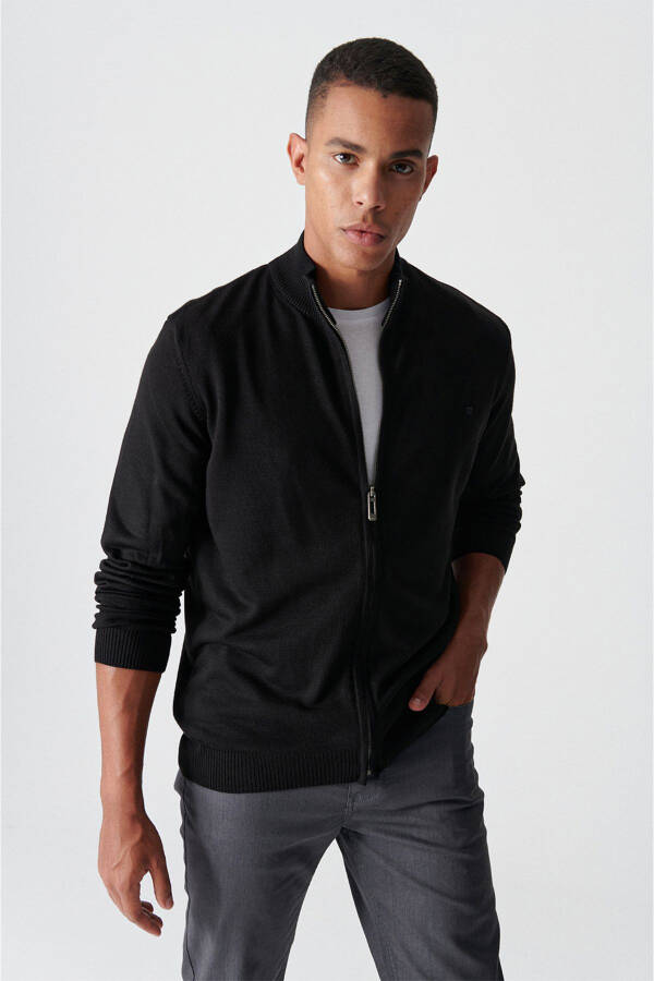 Men's Black Stand Collar Zipper Regular Fit Hoodie E005004 - 3