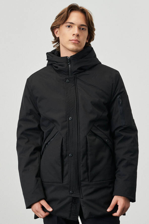 Men's Black Standard Fit Regular Cut Hooded Coat - 1