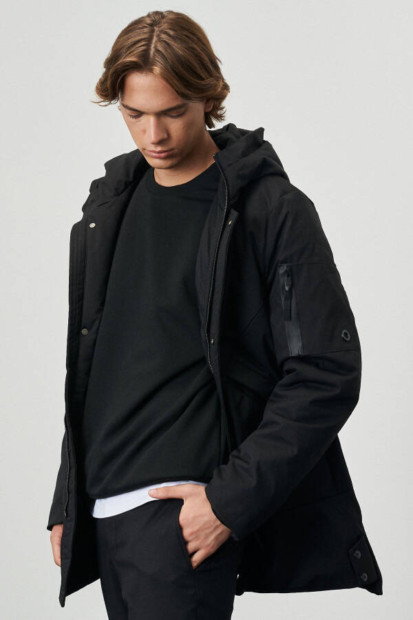 Men's Black Standard Fit Regular Cut Hooded Coat - 5