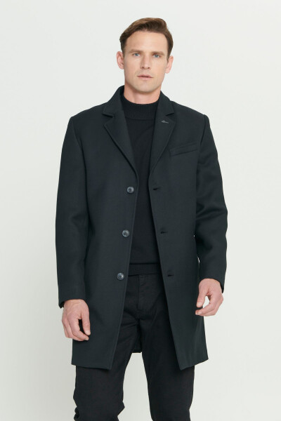 Men's Black Standard Fit Regular Cut Mono Collar Patterned Overcoat - 1