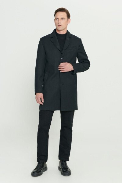 Men's Black Standard Fit Regular Cut Mono Collar Patterned Overcoat - 6