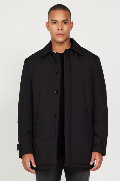 Men's Black Standard Fit Regular Cut Shirt Collar Coat - 4