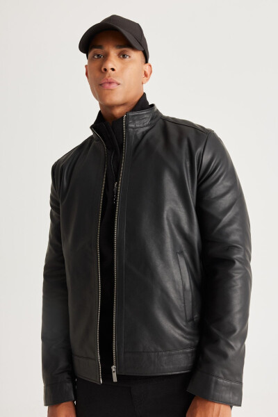 Men's Black Standard Fit Regular Cut Stand Collar Faux Leather Jacket - 1