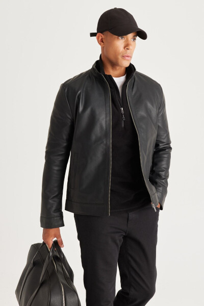 Men's Black Standard Fit Regular Cut Stand Collar Faux Leather Jacket - 2