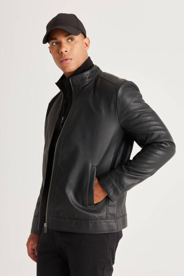 Men's Black Standard Fit Regular Cut Stand Collar Faux Leather Jacket - 4