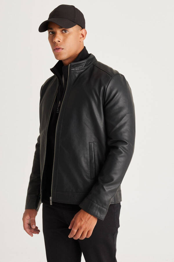 Men's Black Standard Fit Regular Cut Stand Collar Faux Leather Jacket - 5