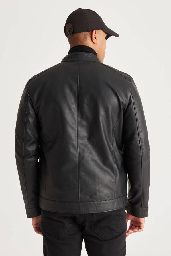 Men's Black Standard Fit Regular Cut Stand Collar Faux Leather Jacket - 6