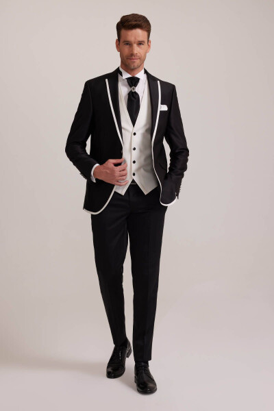 Men's Black Swallowtail Waistcoat with Patterned Slim Fit Groom Suit - 9