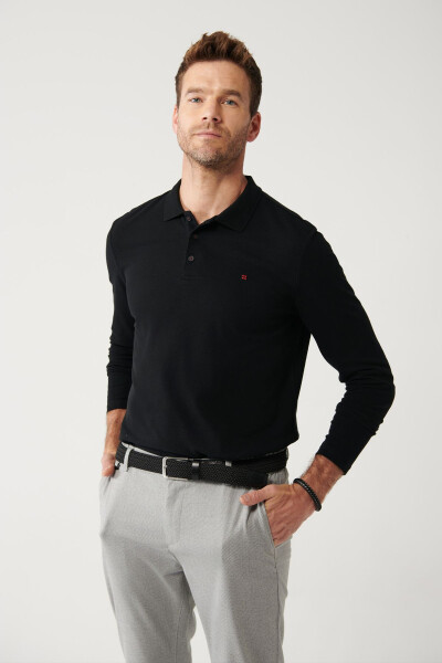 Men's Black Sweatshirt, 3 button polo collar, 100% cotton, basic regular fit. E001003 - 1