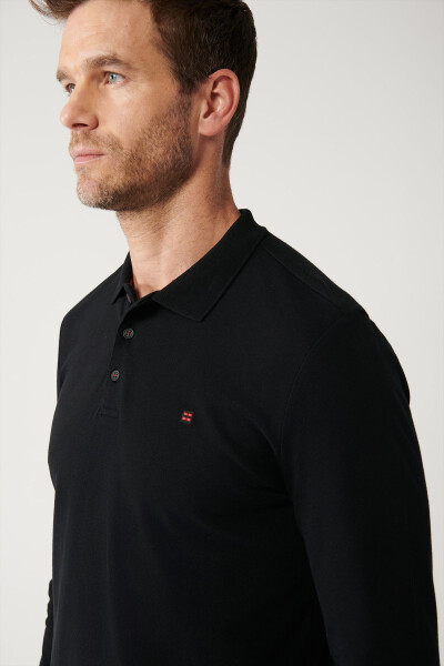 Men's Black Sweatshirt, 3 button polo collar, 100% cotton, basic regular fit. E001003 - 2