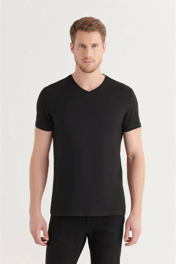 Men's Black T-shirt 100% Cotton V-Neck Regular Fit E001001 - 15