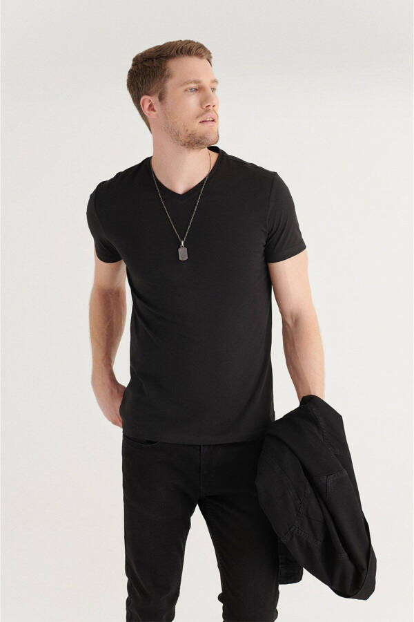 Men's Black T-shirt 100% Cotton V-Neck Regular Fit E001001 - 17