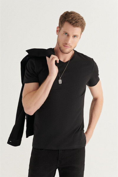 Men's Black T-shirt 100% Cotton V-Neck Regular Fit E001001 - 18