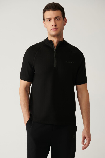 Men's Black T-shirt with Collar, Half Zip, Printed, Regular Fit A41y1312 - 6