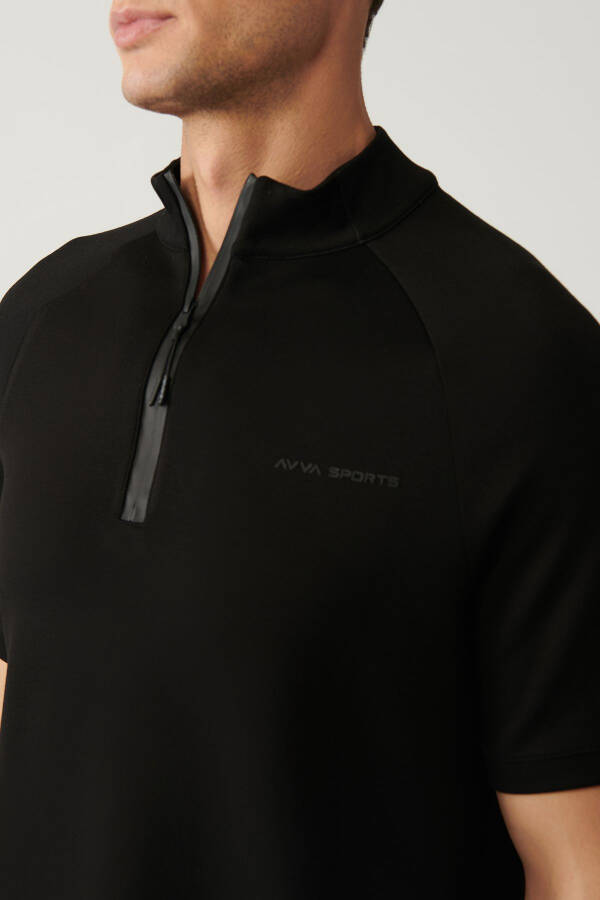 Men's Black T-shirt with Collar, Half Zip, Printed, Regular Fit A41y1312 - 7