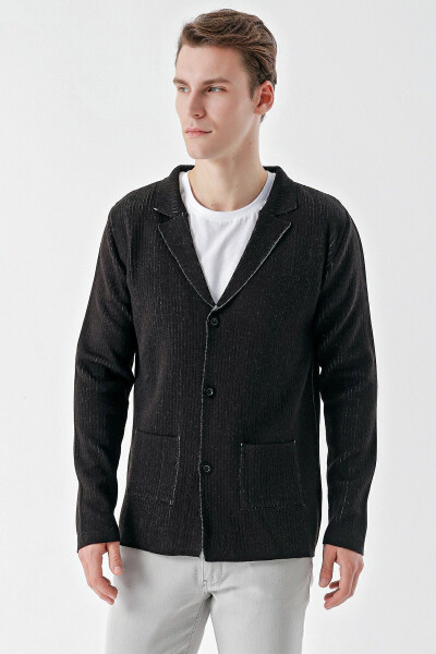 Men's Black Trendy Patterned Buttoned Knit Cardigan - 16