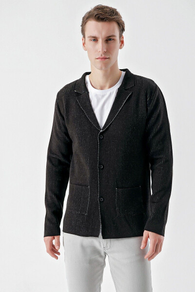 Men's Black Trendy Patterned Buttoned Knit Cardigan - 8