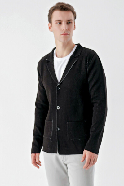 Men's Black Trendy Patterned Buttoned Knit Cardigan - 3