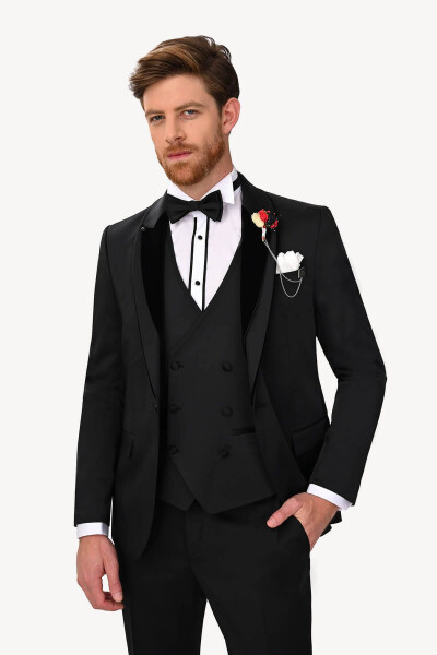 Men's Black Tuxedo Shawl Collar with Stone - 7