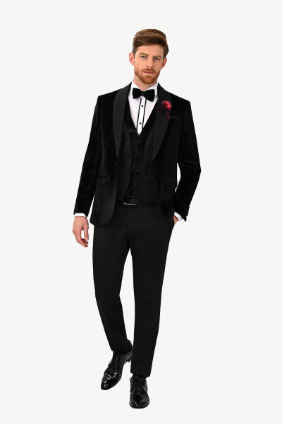 Men's Black Velvet Shawl Collar Slim Fit Groom Suit - 6