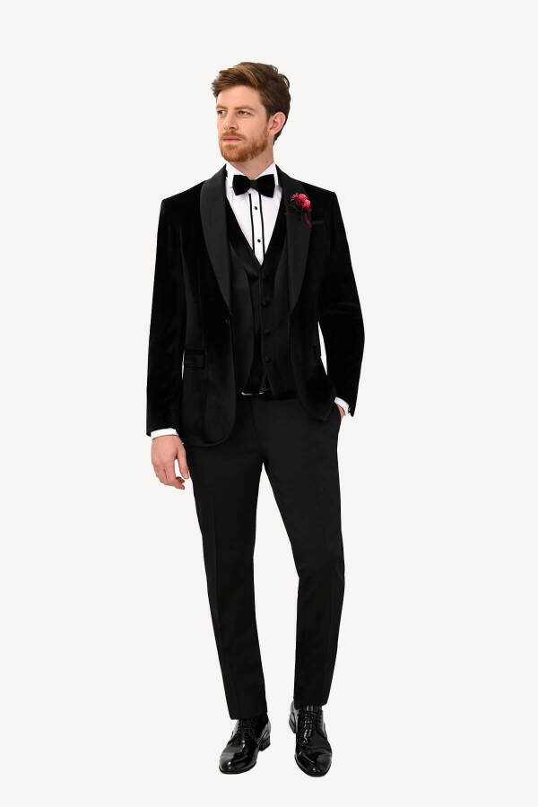 Men's Black Velvet Shawl Collar Slim Fit Groom Suit - 7