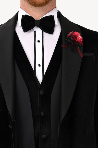 Men's Black Velvet Shawl Collar Slim Fit Groom Suit - 9