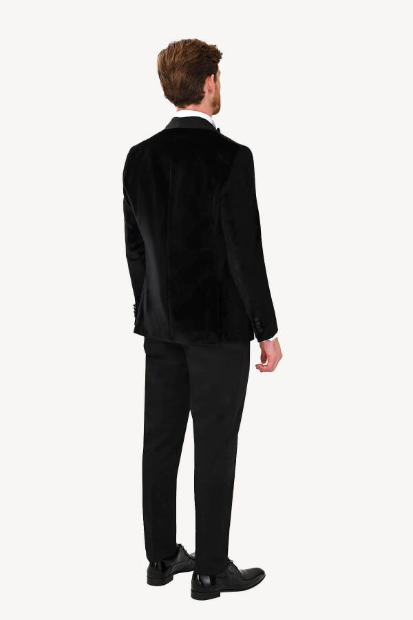 Men's Black Velvet Shawl Collar Slim Fit Groom Suit - 5