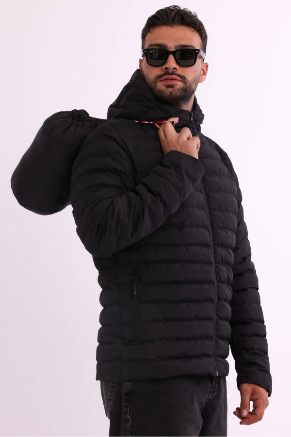 Men's Black Windproof Hooded Packable Lightweight Fleece Filled Sports Jacket - 17