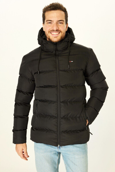 Men's Black Windproof Hooded Puffer Jacket with Inner Lining - 1