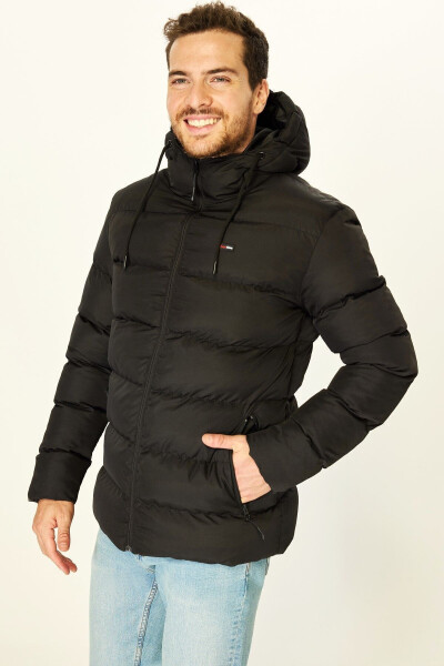 Men's Black Windproof Hooded Puffer Jacket with Inner Lining - 3