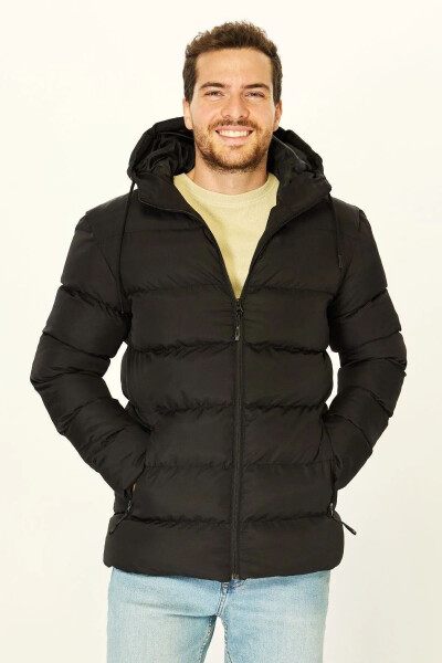 Men's Black Windproof Hooded Puffer Jacket with Inner Lining - 2