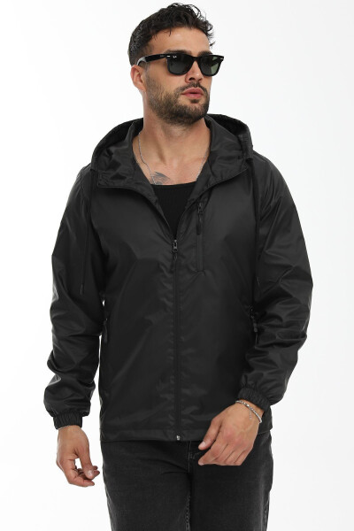 Men's Black Windproof Hooded Raincoat with Pockets and Lining - 10