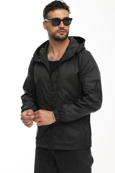 Men's Black Windproof Hooded Raincoat with Pockets and Lining - 3